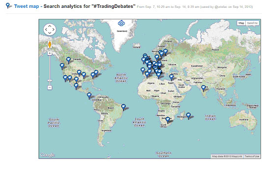 Locations for the hashtag #TradingDebates from Twitonomy