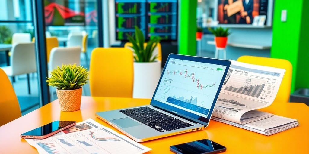 Modern workspace with laptop and smartphone for trading.