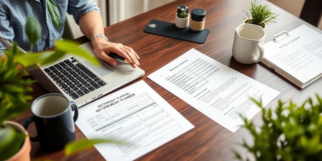 Person using laptop for retirement planning at desk.