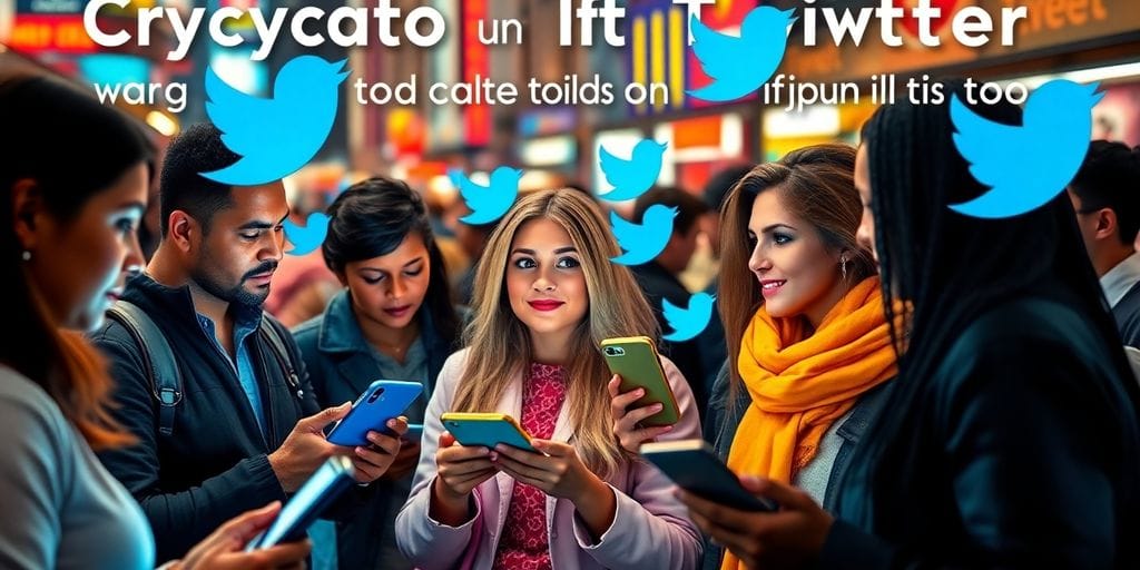 Group discussing cryptocurrency on social media in an urban setting.