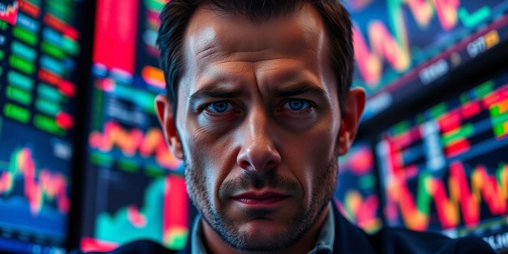 Focused trader analyzing market trends with vibrant monitors.