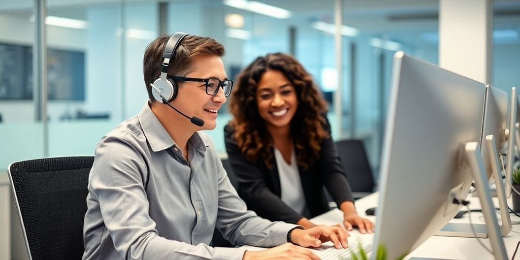 Customer service representative helping client with online trading.