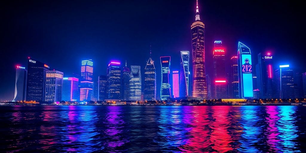 Night city skyline with colorful reflections on water.