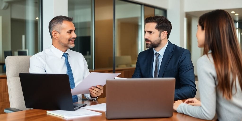 Insurance agent consulting with a client about salary expectations.