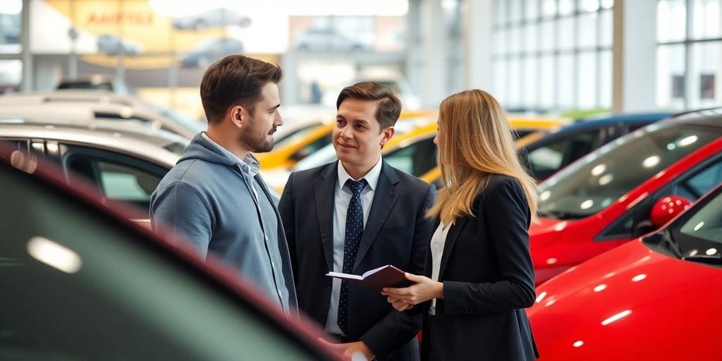 Car buyer with broker in vibrant dealership setting.