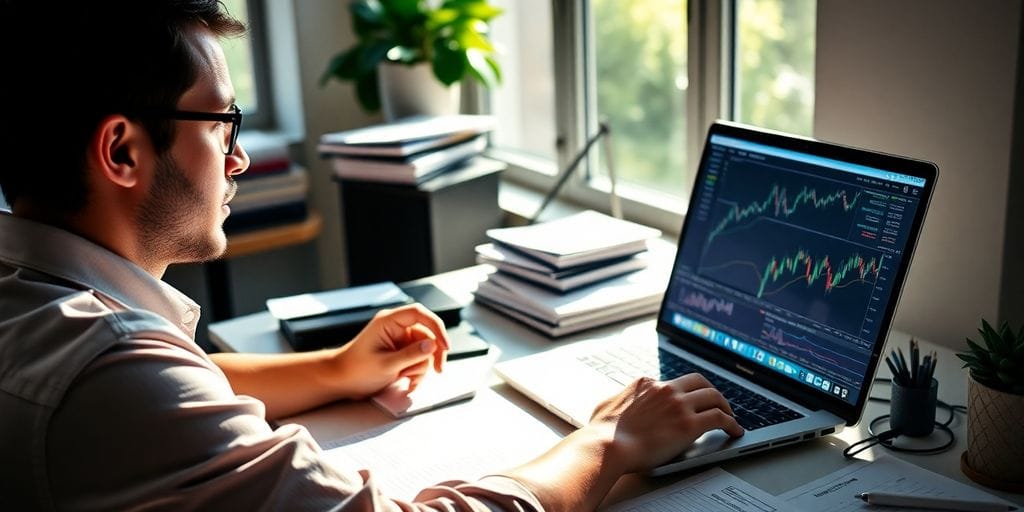 Trader using a laptop in a bright workspace.