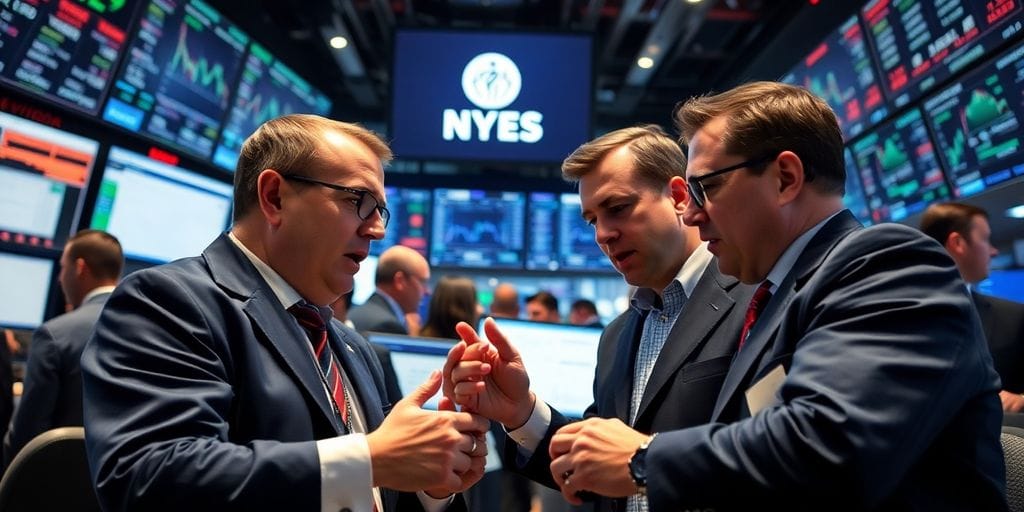 Brokers in action during an intense trading session.
