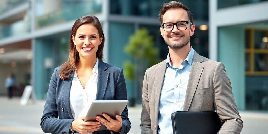 Realtor and broker in professional attire, smiling confidently.