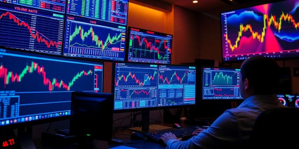 Traders working with advanced volume indicators in a dynamic setting.