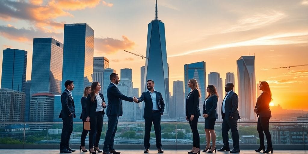 Professionals networking in a bustling city real estate scene.