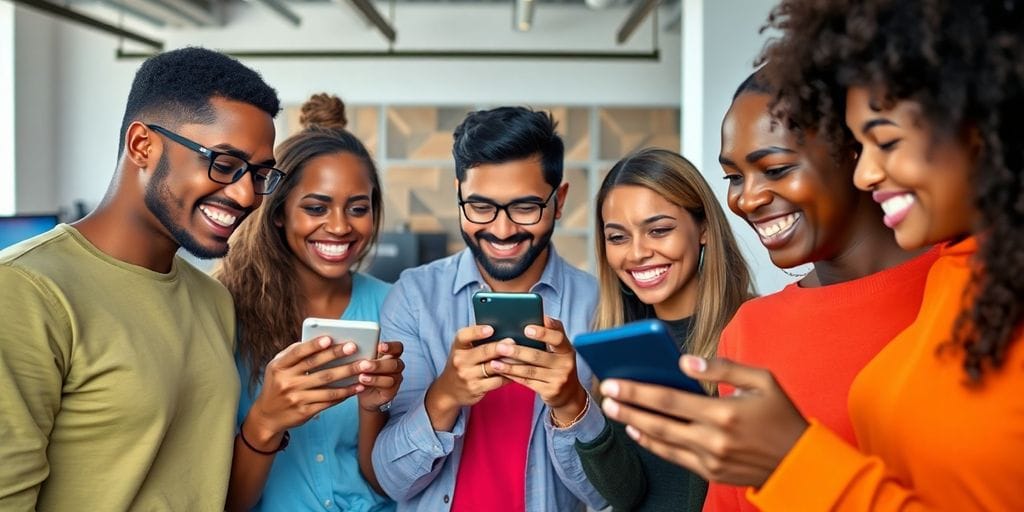 Diverse people using smartphones for investing in finance.