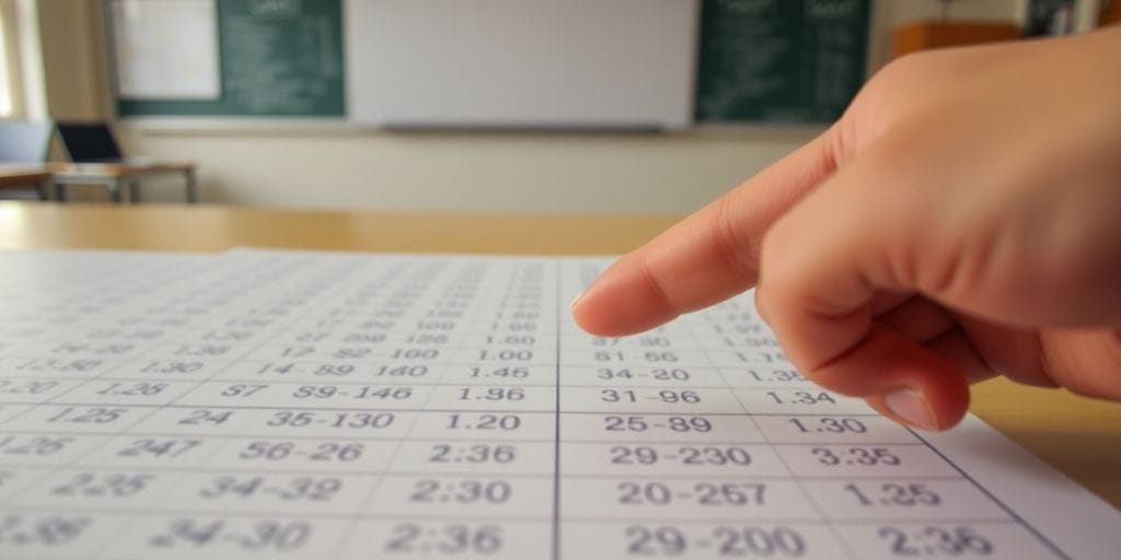 Hand pointing at organized table emphasizing linear functions.