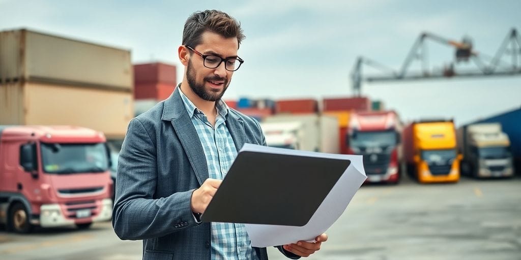 Freight broker analyzing logistics in a busy shipping yard.