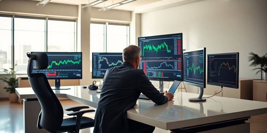 Modern investor analyzing data on multiple screens at desk.