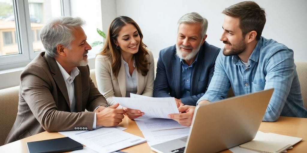 Mortgage broker meeting with homebuyers in an office setting.