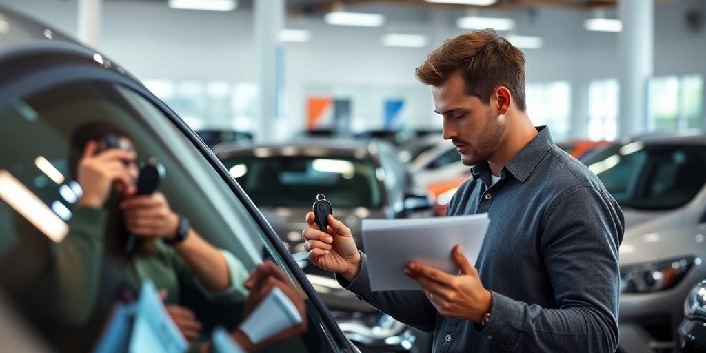 Person examining car keys and paperwork in dealership.
