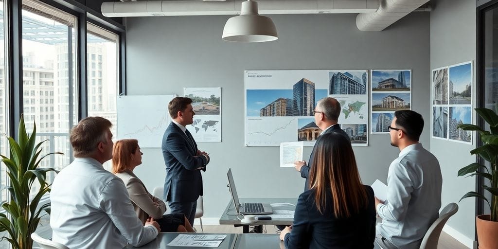 Real estate professionals collaborating in a modern office setting.
