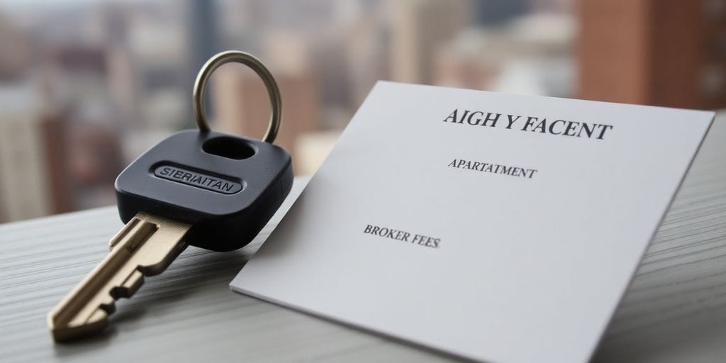 Key and business card on a city skyline background.