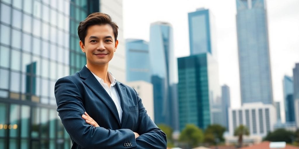 Real estate broker in business attire with city skyline backdrop.