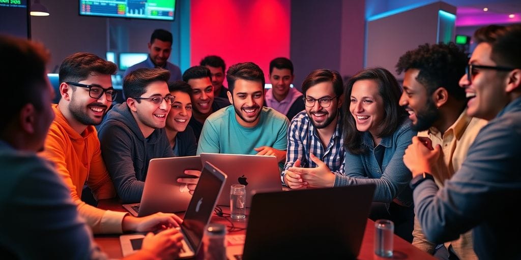 Young traders discussing investments enthusiastically over laptops.