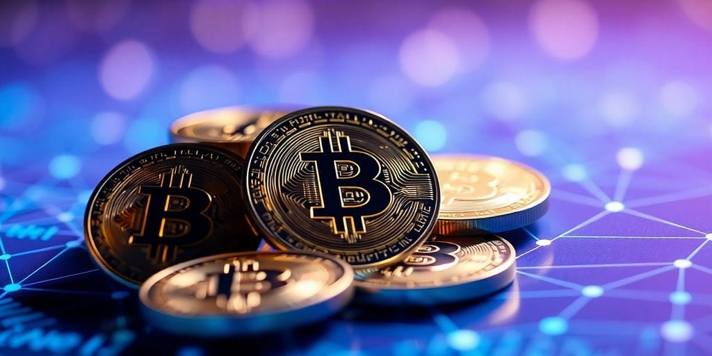 Glowing digital coins on a futuristic network.