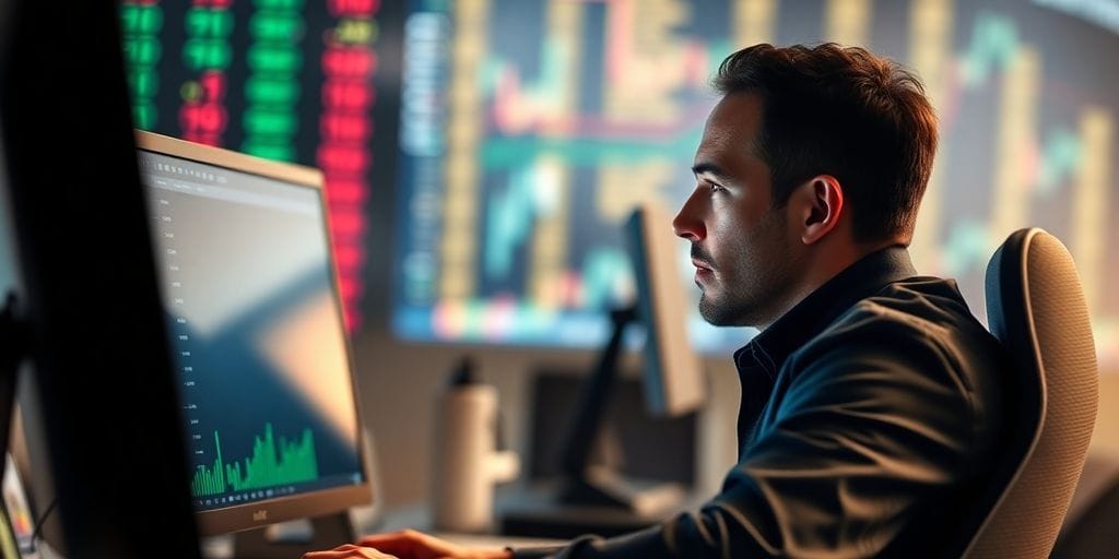 Focused trader at computer with currency symbols in background.