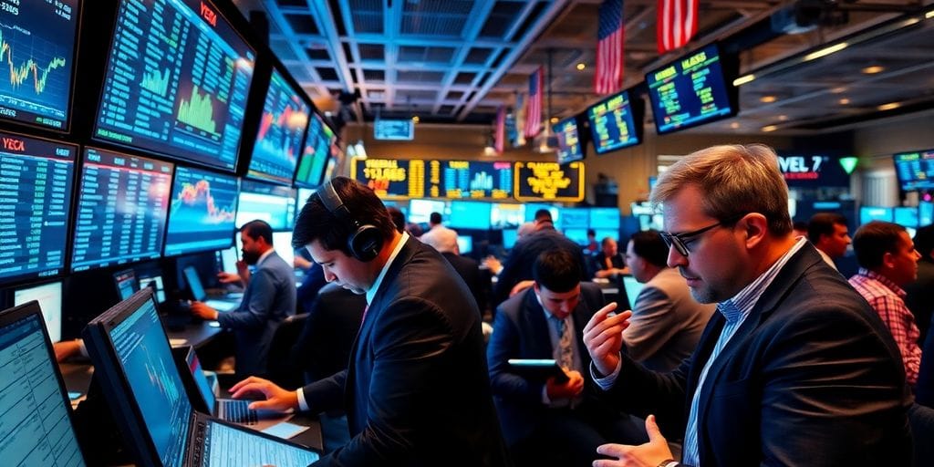 Traders engaged in Forex trading on a busy floor.
