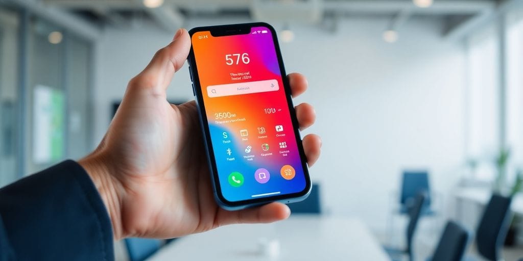 Hand holding smartphone displaying financial app.