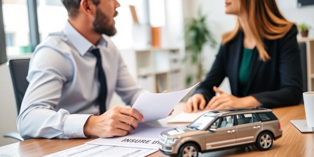 Broker assisting client with vehicle insurance options.