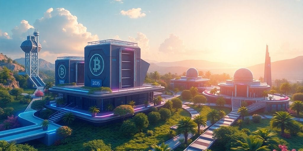 Futuristic crypto mining facilities in a green landscape.