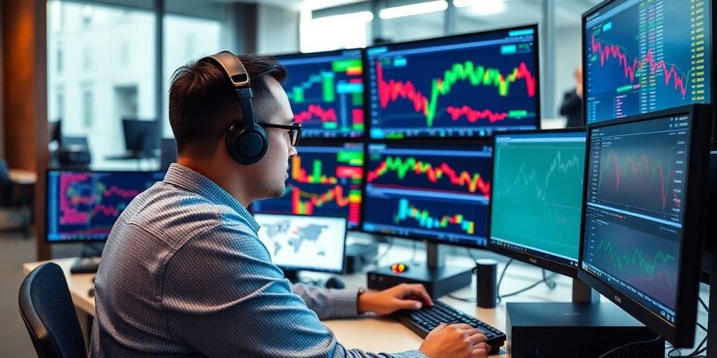 A focused trader at a modern trading desk.
