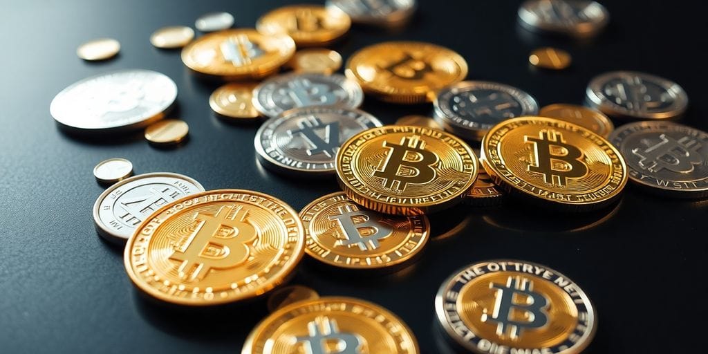 Close-up of various cryptocurrency coins on dark surface.