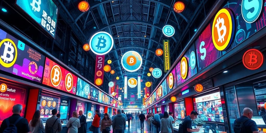 Futuristic marketplace with digital currency symbols and technology.