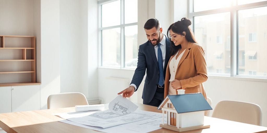 Broker, client review house plans together.