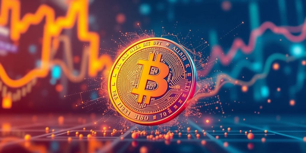 Colorful digital coin on a dynamic background.
