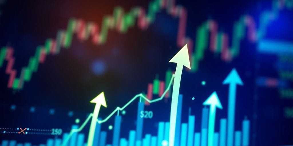 Stock charts, upward arrows, and financial data.