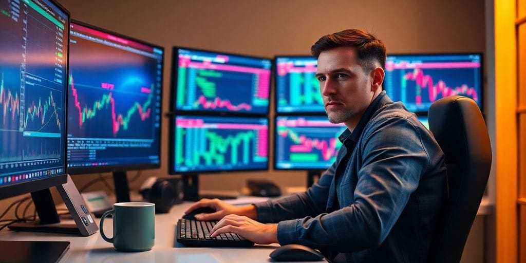 Trader at desk, multiple screens, focused.