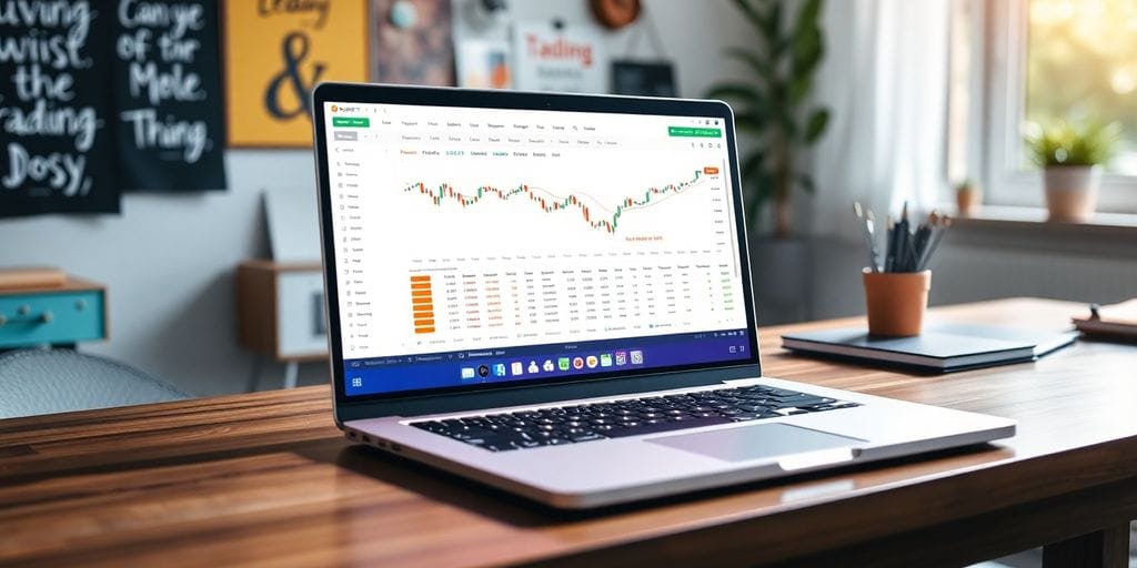 Laptop on desk with trading interface and warm lighting.