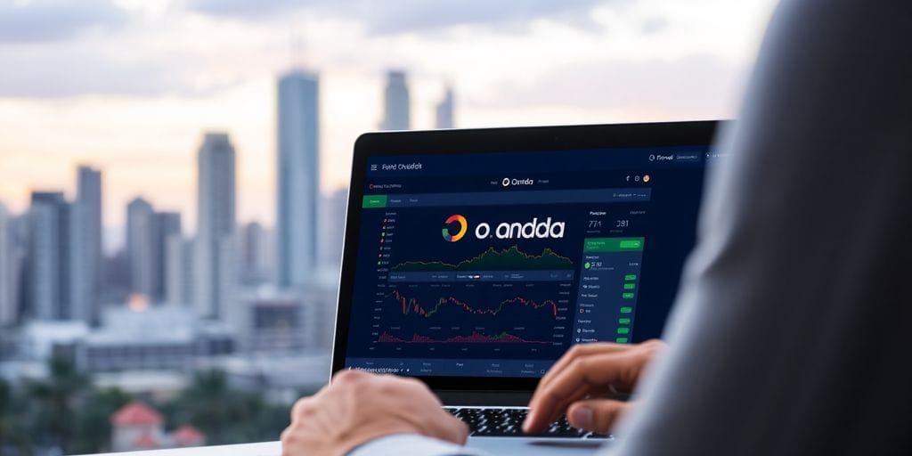 Person accessing Oanda login on laptop in a city.