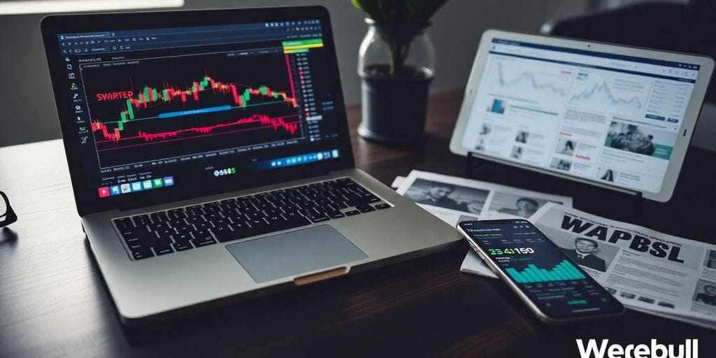Trading workspace with laptop, smartphone, and financial articles.