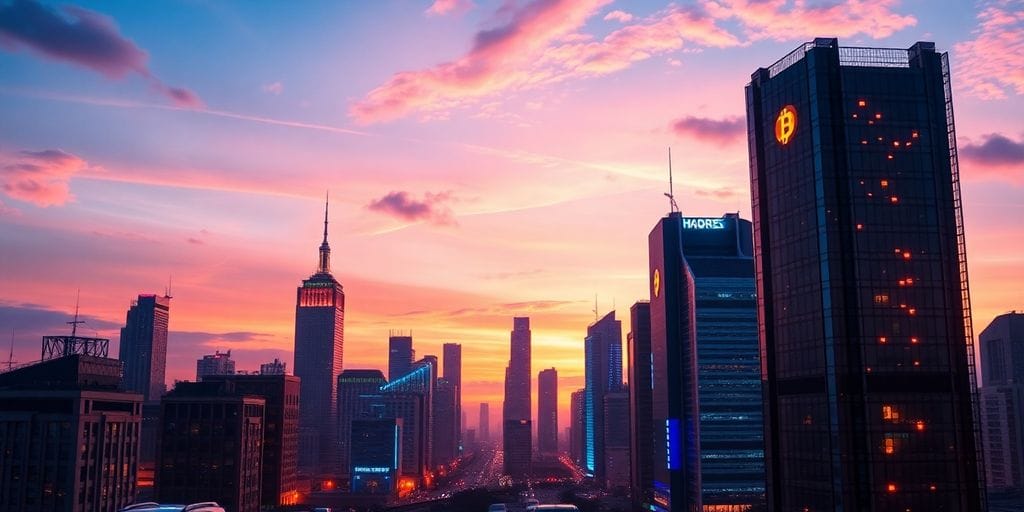 Futuristic city skyline with glowing cryptocurrency symbols.