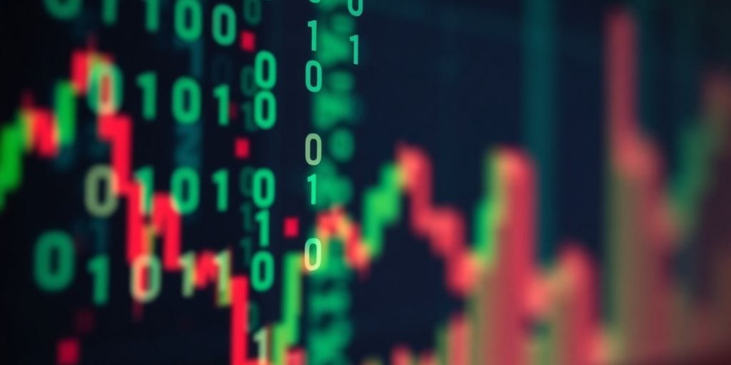 Binary code, stock chart, upward trend.