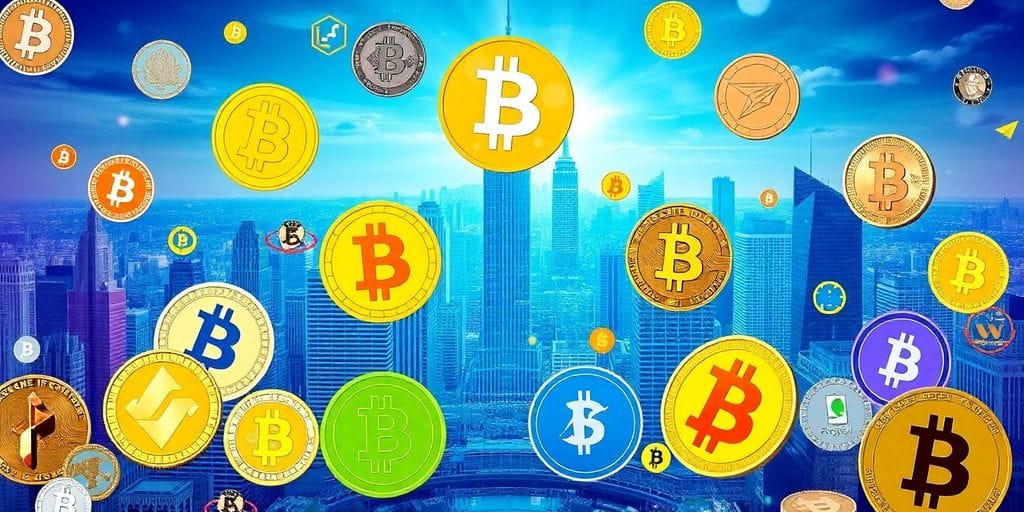 Colorful cryptocurrencies with a modern city skyline background.