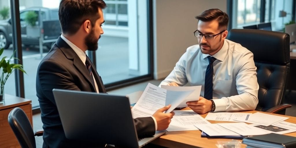 Mortgage broker discussing financial documents in an office.