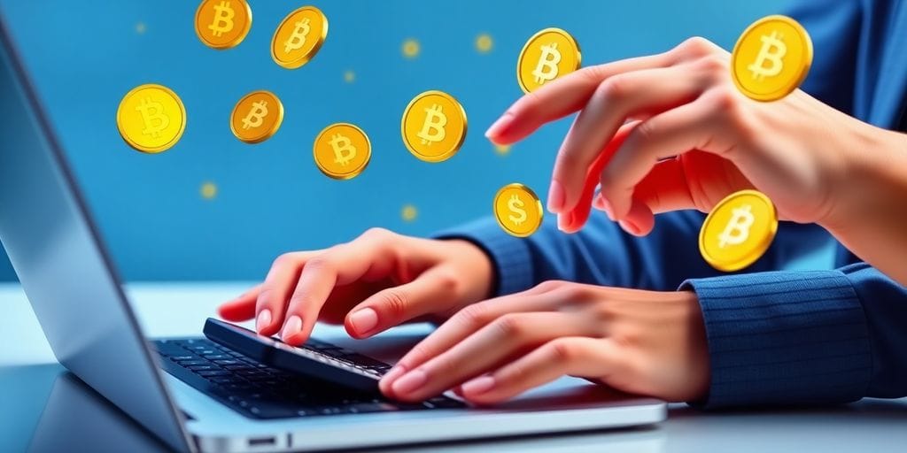 Person calculating crypto earnings with icons around them.