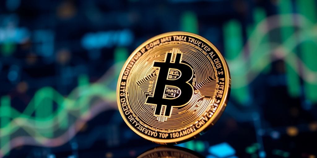 Close-up of a digital cryptocurrency coin against a tech backdrop.