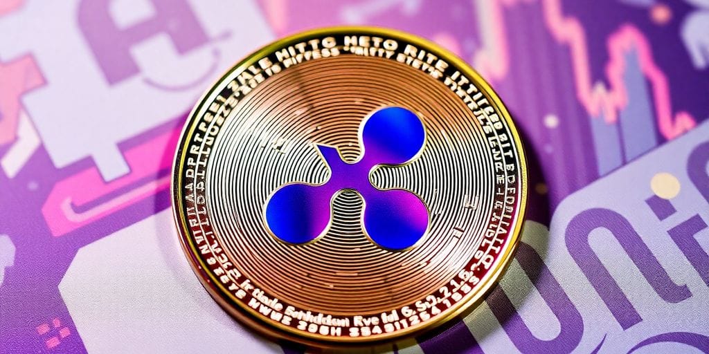 Close-up of a Ripple coin on a digital background.