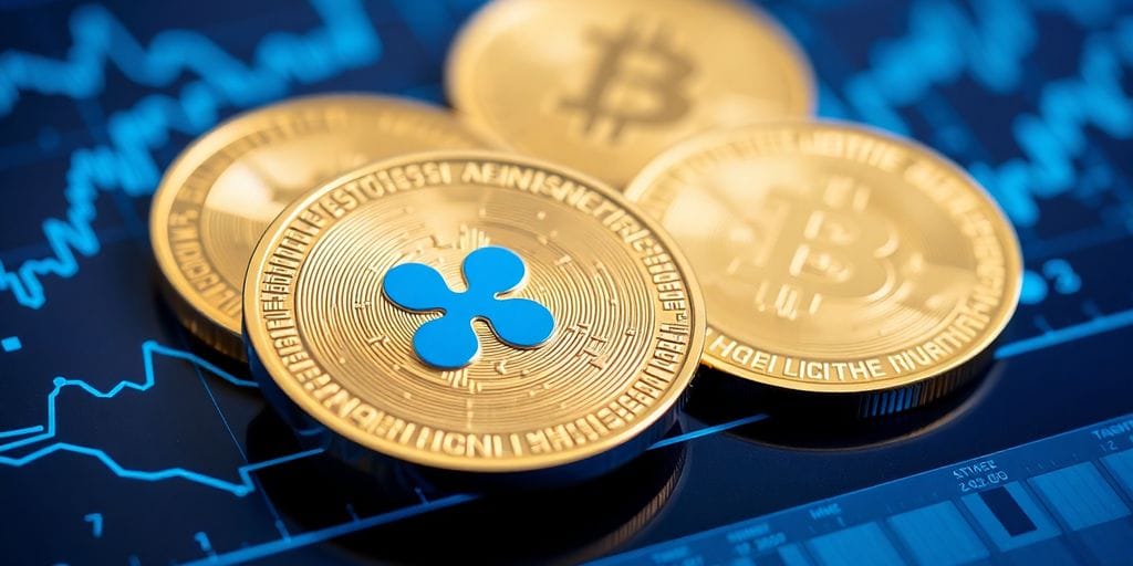 Photograph of Ripple coins on a digital surface.
