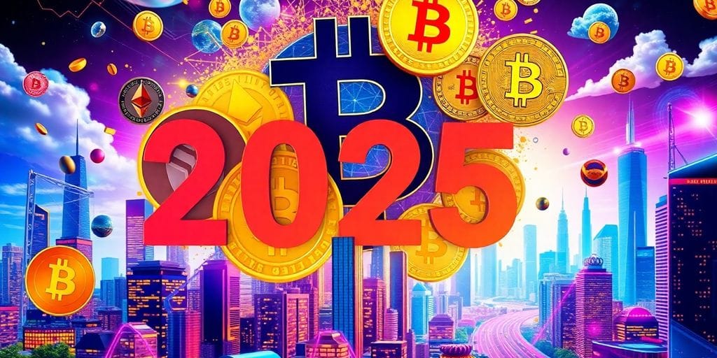 Colorful cryptocurrencies and futuristic city scenery.