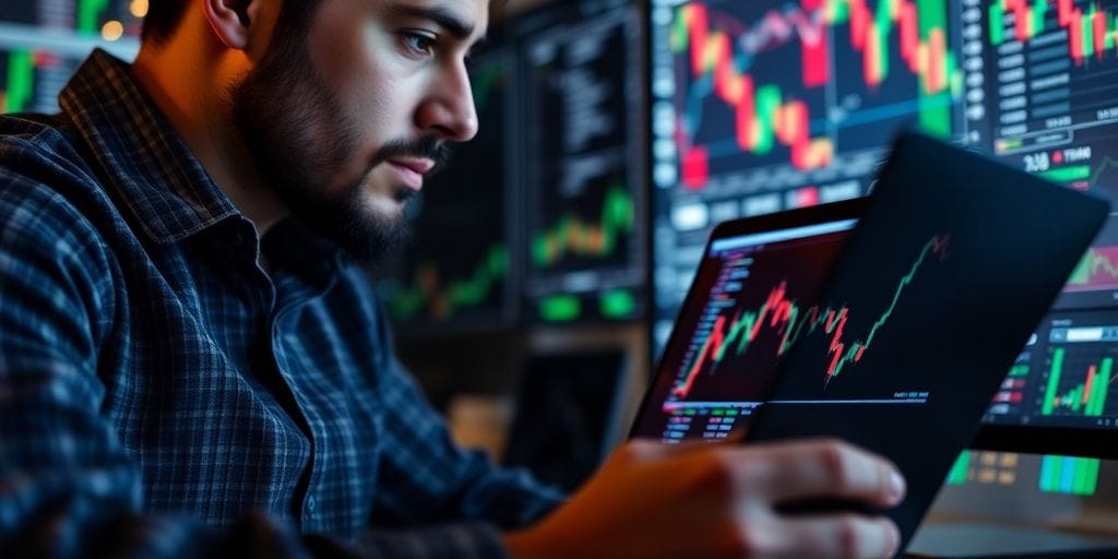 Trader analyzing market data on a laptop with charts.